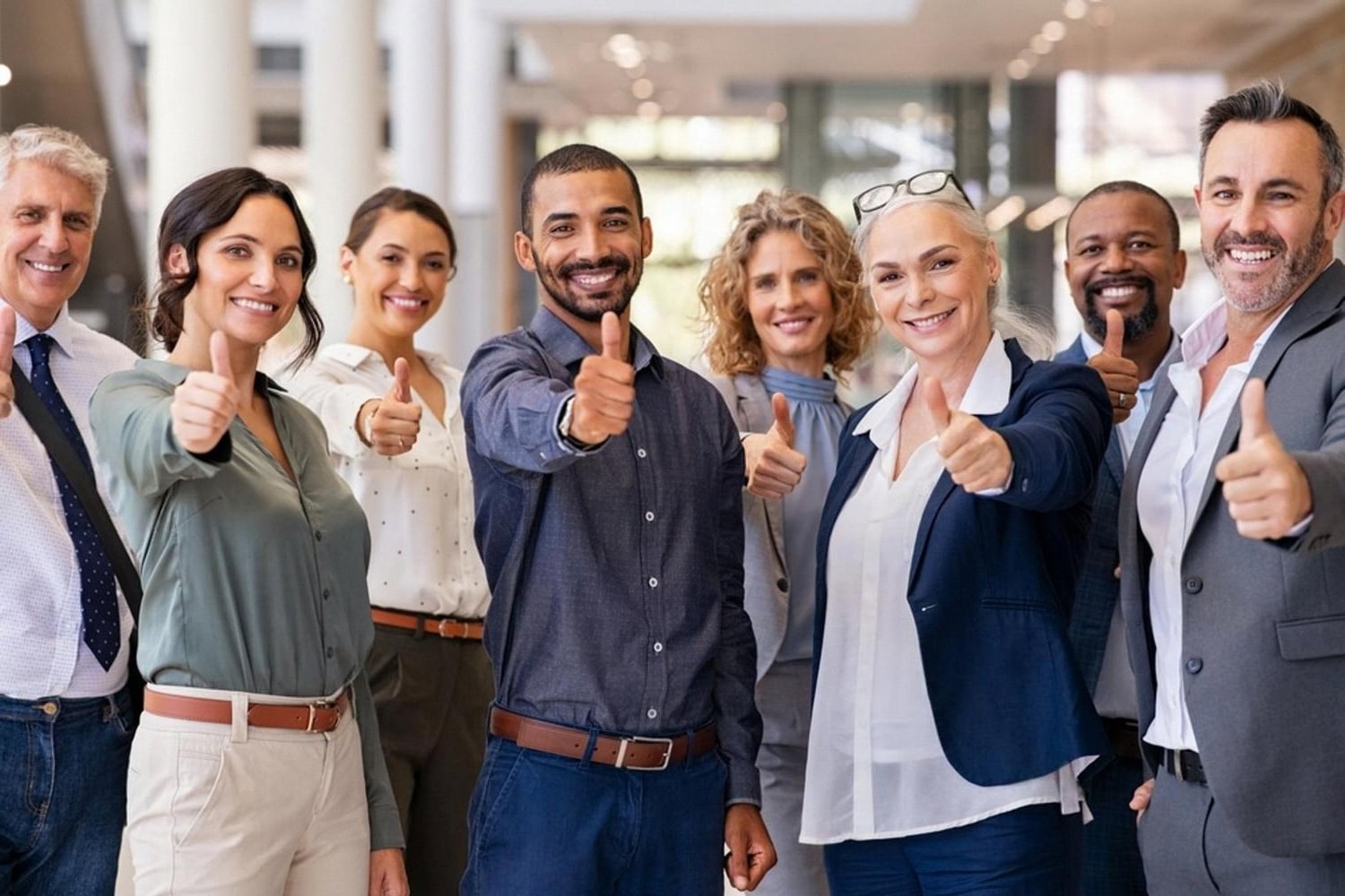 Diverse UAE business team giving thumbs up after policy rollout